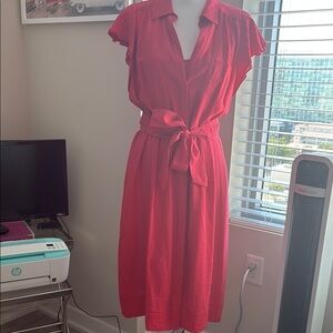 BCBG Coral Red Gauze Belted Shirt Dress with Slip